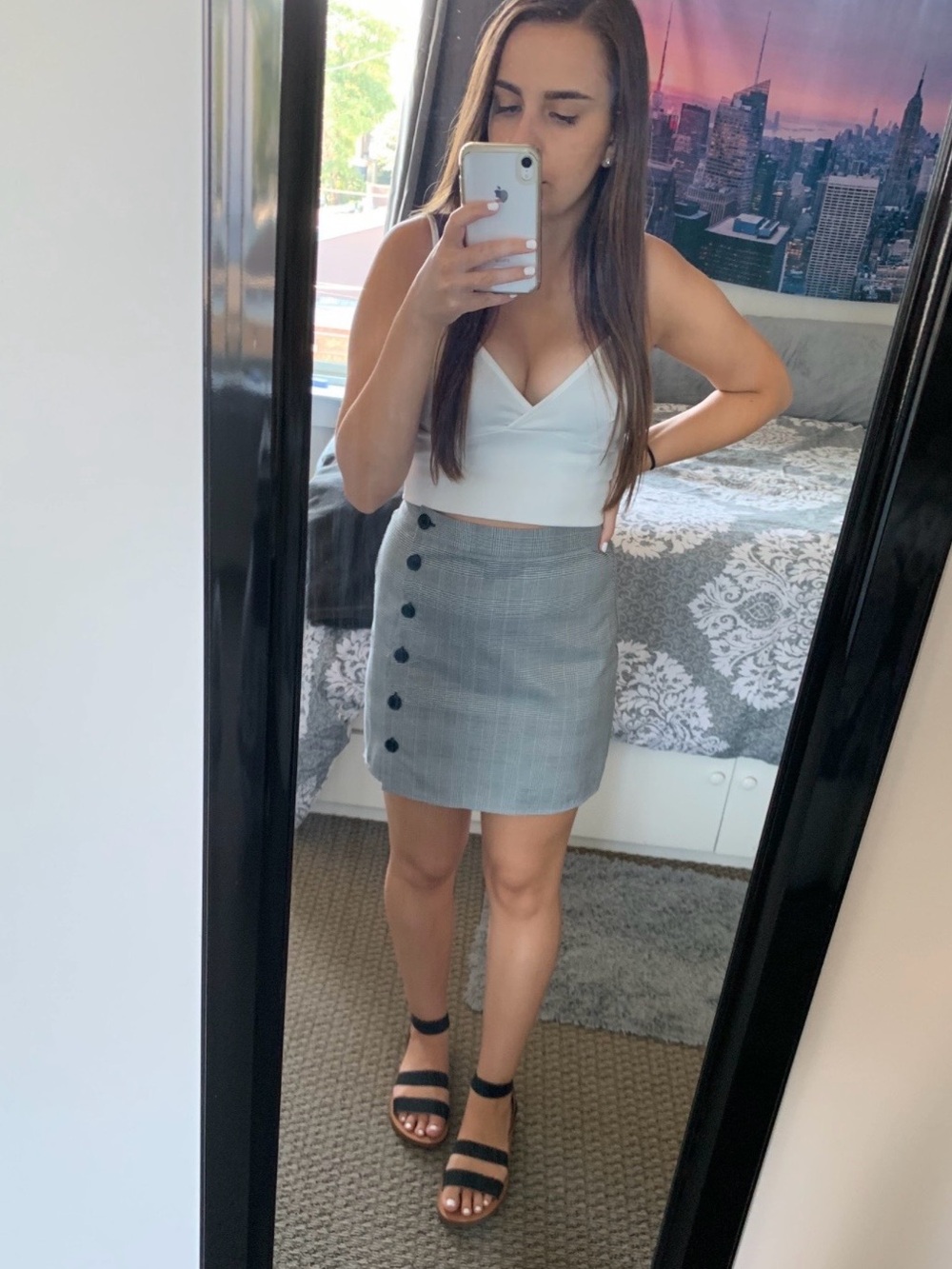Forever 21 Gray Plaid Side-Button Pencil Mini Skirt